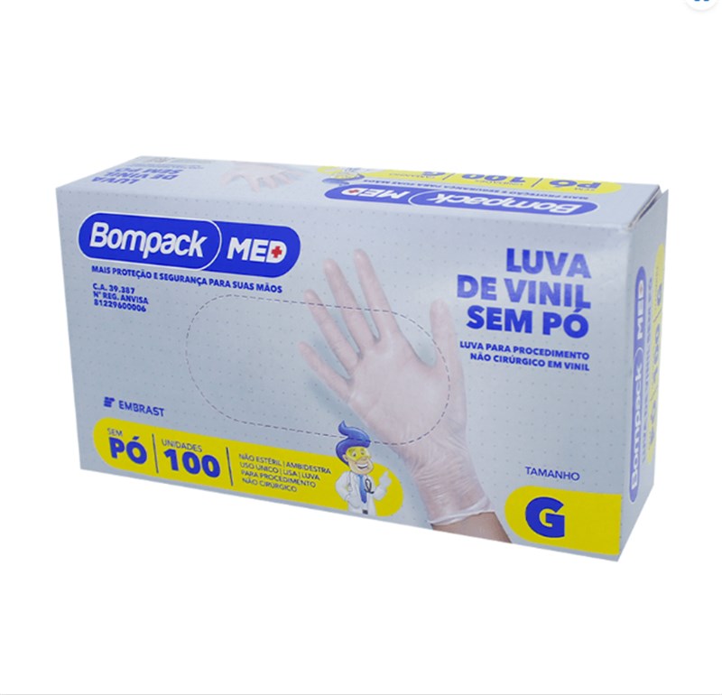 LUVA VINIL TRANSP G S/PO 100UN BOMPACK