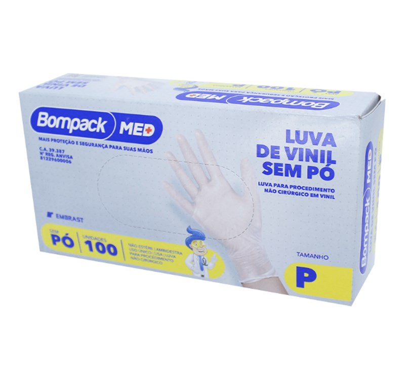 LUVA VINIL TRANSP P S/PO 100UN BOMPACK