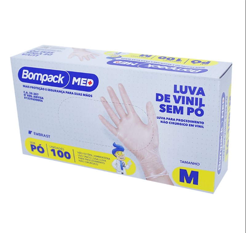 LUVA VINIL TRANSP M S/PO 100UN BOMPACK