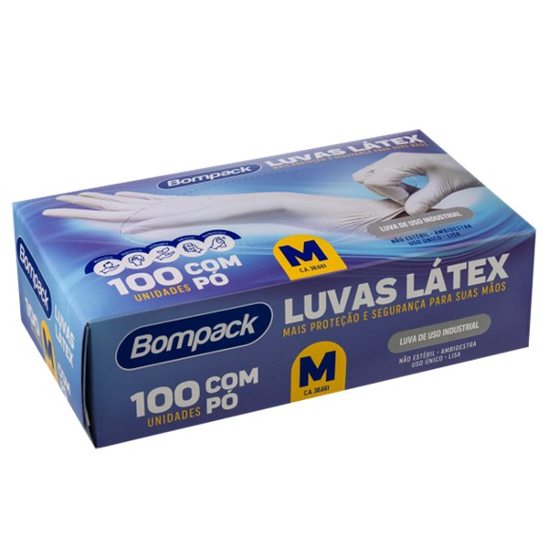 LUVA LATEX BRANCO M C/PO 100UN BOMPACK