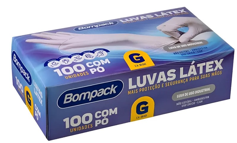 LUVA LATEX BRANCO G C/PO 100UN BOMPACK