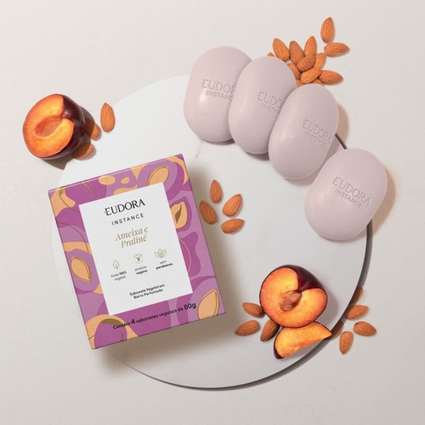EUDORA INSTANCE AMEIXA E PRALINE CAIXA SABONETE COM 4 UN 85G (CADA)