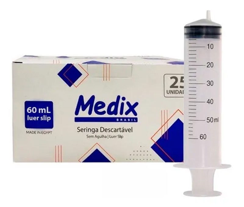 Caixa Seringa 60 mL Medix sem agulha, bico cateter, caixa com 25 unidades