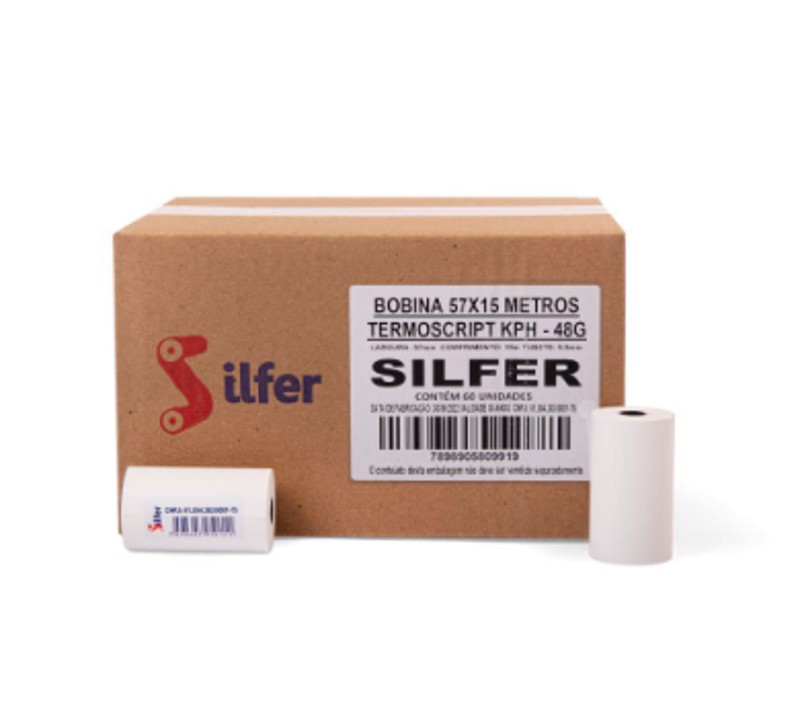 Caixa Bobina Térmica 57 mm x 15 m 48 g Branca - 60 Unidades | Silfer
