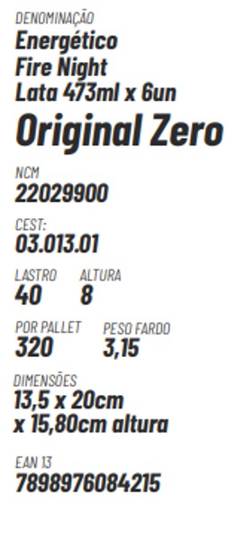 Energético Fire Night ORIGINAL ZERO AÇUCAR, Lata 473ml x 6un.