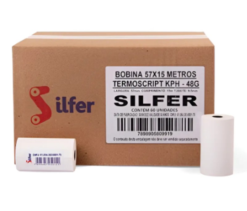 Caixa Bobina Térmica 57 mm x 15 m 48 g Branca - 60 Unidades | Silfer
