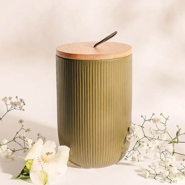 POTICHE DE CERAMICA 10X12,5 C/TAMPA DE BAMBU LINES VERDE LYOR 2665 R.00111