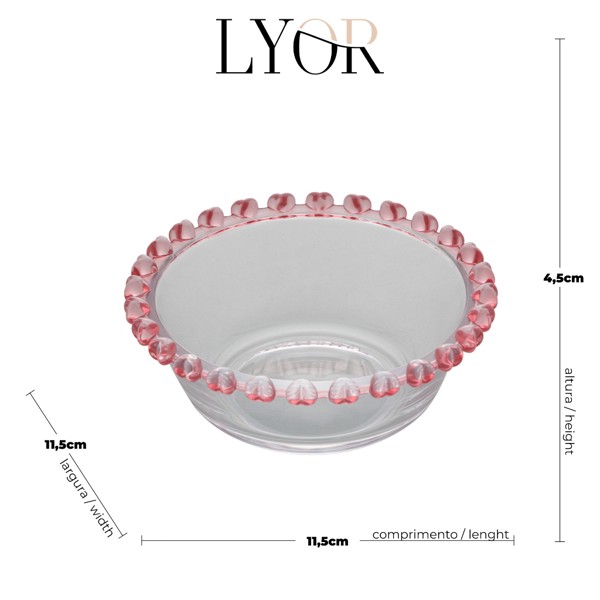 CJ 6 BOWLS DE CRISTAL 11,5X4,5CM CORACAO BORDA ROSA LYOR 1710 R.00114