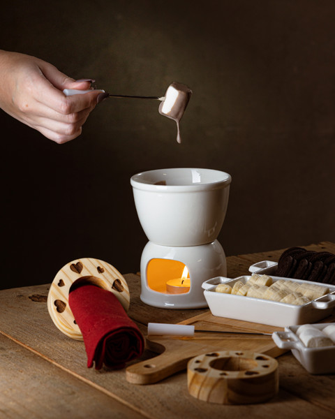 APARELHO CONJUNTO KIT DE FONDUE 6 PECAS BRANCO 400ML CHOCOLATE E QUEIJO R.00384