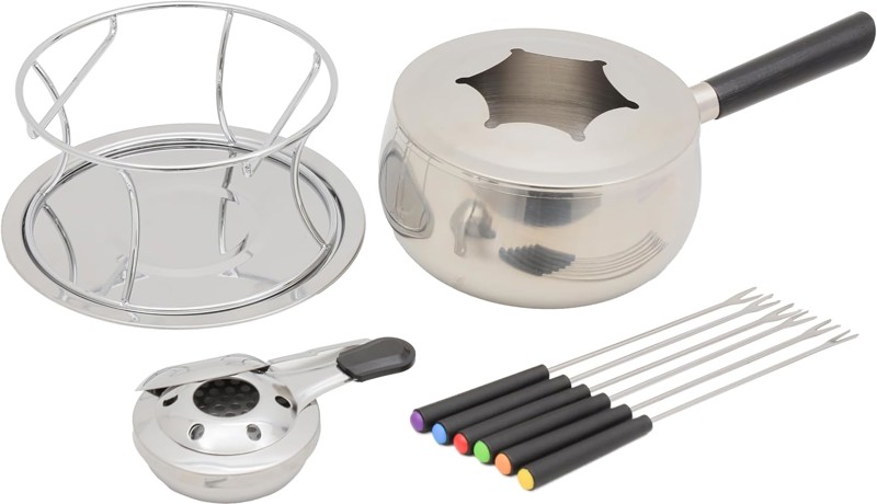 KIT CONJUNTO JOGO DE FONDUE INOX COM CABO E 6 GARFOS CHOCOLATE E QUEIJO R.00366