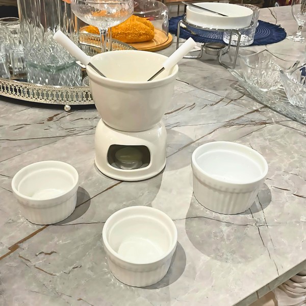 APARELHO CONJUNTO KIT DE FONDUE 6 PECAS BRANCO 400ML CHOCOLATE E QUEIJO R.00384