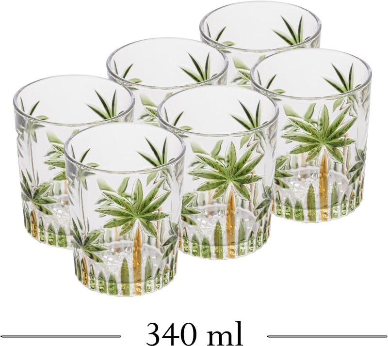 JOGO CONJUNTO KIT COM 6 COPOS BAIXO DE CRISTAL 340ML PALM TREE HANDPAINT WOLFF 27773 R.00341