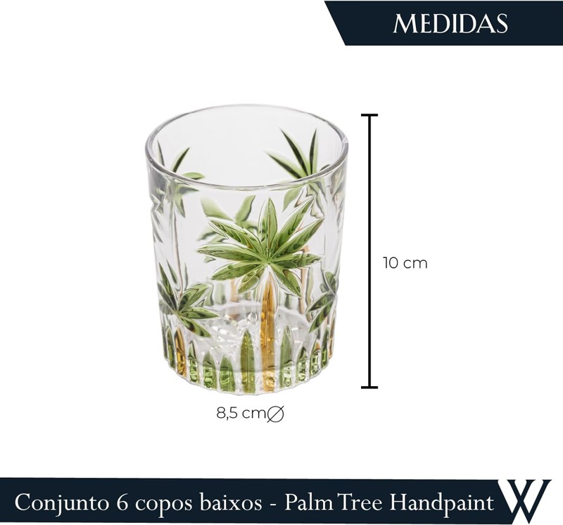 JOGO CONJUNTO KIT COM 6 COPOS BAIXO DE CRISTAL 340ML PALM TREE HANDPAINT WOLFF 27773 R.00341