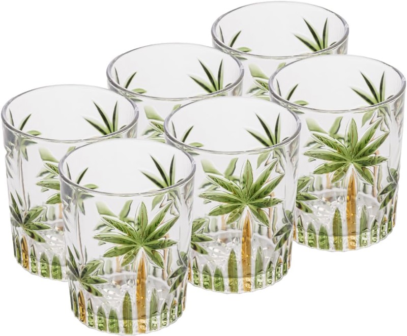 JOGO CONJUNTO KIT COM 6 COPOS BAIXO DE CRISTAL 340ML PALM TREE HANDPAINT WOLFF 27773 R.00341