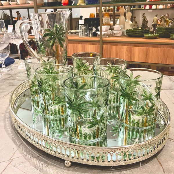 JOGO CONJUNTO KIT COM 6 COPOS BAIXO DE CRISTAL 340ML PALM TREE HANDPAINT WOLFF 27773 R.00341