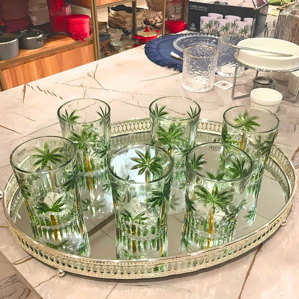 JOGO CONJUNTO KIT COM 6 COPOS BAIXO DE CRISTAL 340ML PALM TREE HANDPAINT WOLFF 27773 R.00341
