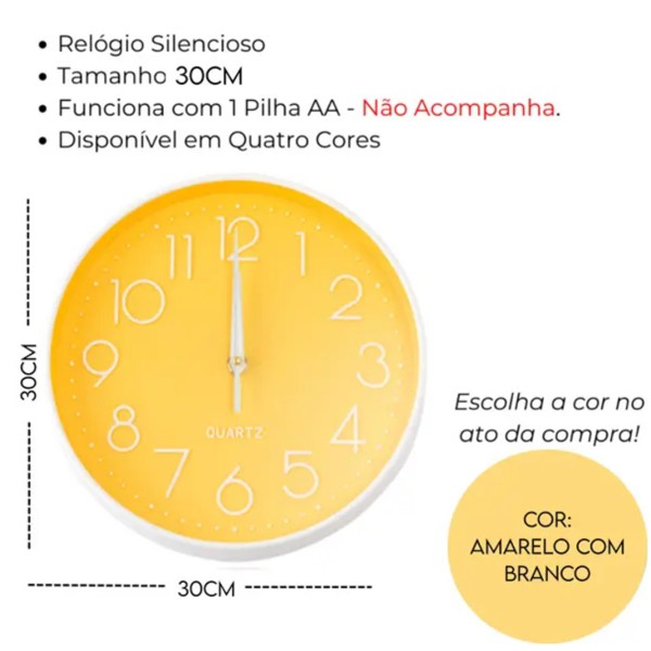 RELOGIO DE PAREDE MODERNO REDONDO 30CM AMARELO VIBRANTE PLÁSTICO QUARTZ DECORAÇÃO SALA QUARTO COZINHA ESCRITÓRIO 30X30X4CM R.02000