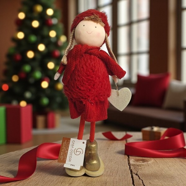 BONECO NATAL MENINA EM PE VERMELHO DOURADO 32 CM FLORARTE R.02014