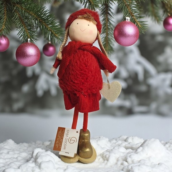 BONECO NATAL MENINA EM PE VERMELHO DOURADO 32 CM FLORARTE R.02014