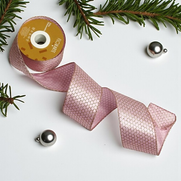 FITA ARAMADA CETIM COM GLITTER COM COSTURA ROSA CHAMPAGNE 6,3CMX9,14M FLORARTE R.02007