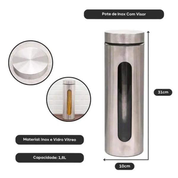 POTE ORGANIZADOR HERMETICO CROMADO AÇO INOXIDAVEL P/ MANTIMENTO COM VISOR 1,8L 16110 R.00848