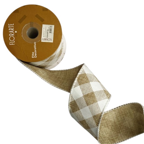 FITA ARAMADA TECIDO XADREZ COM COSTURA BEGE 6,3CMX9,14M FLORARTE R.02001