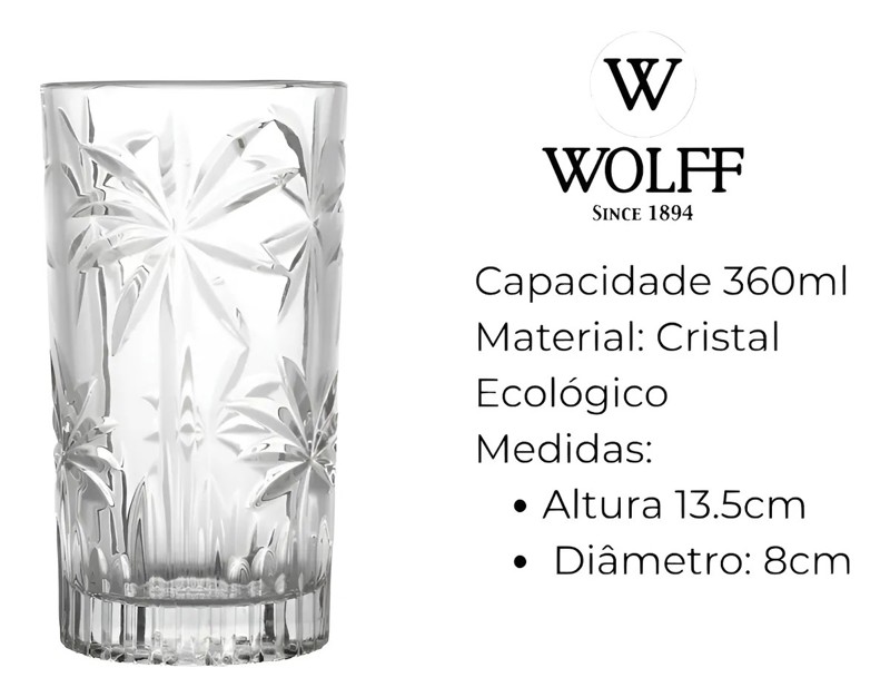 CONJUNTO JOGO 6 COPOS ALTO DE CRISTAL 360ML PALM TREE WOLFF 28147 R.00343