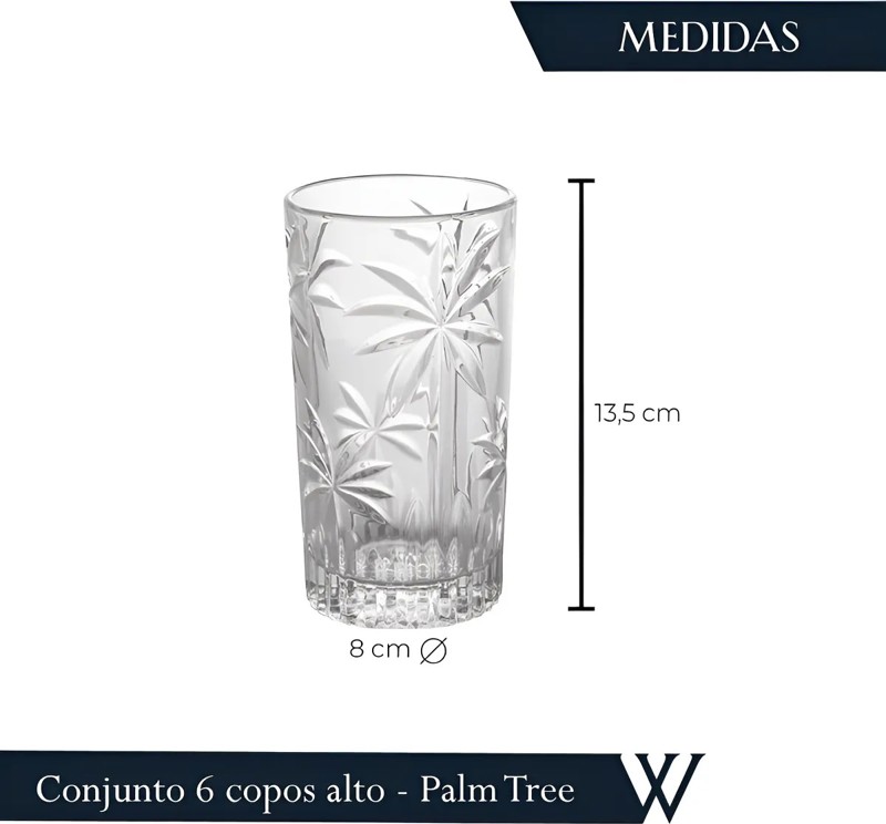 CONJUNTO JOGO 6 COPOS ALTO DE CRISTAL 360ML PALM TREE WOLFF 28147 R.00343