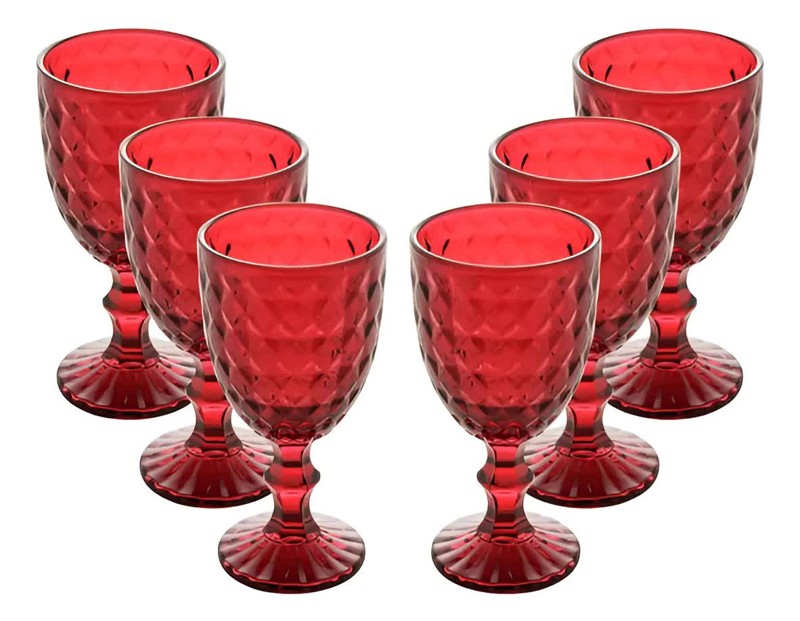 CONJUNTO JOGO 6 TACAS VIDRO 345ML ROMAN VERMELHO WOLFF VINHO AGUA COPO CALICE JOGO TACAS COLORIDAS RESISTENTE E ELEGANTE PARA MESA POSTA E DECORACAO R.00104