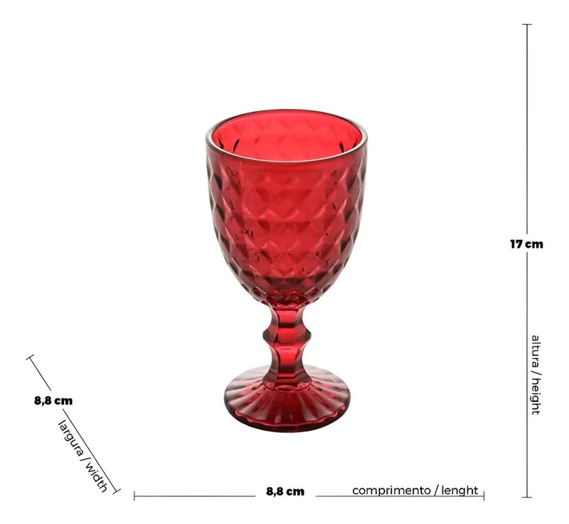 CONJUNTO JOGO 6 TACAS VIDRO 345ML ROMAN VERMELHO WOLFF VINHO AGUA COPO CALICE JOGO TACAS COLORIDAS RESISTENTE E ELEGANTE PARA MESA POSTA E DECORACAO R.00104