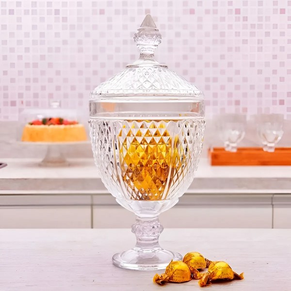 BOMBONIERE POTICHE DE VIDRO MEMPHIS 32CM TRANSPARENTE POTE DECORATIVO PARA DOCES FRUTAS OU CENTRO DE MESA ELEGANTE R.00566