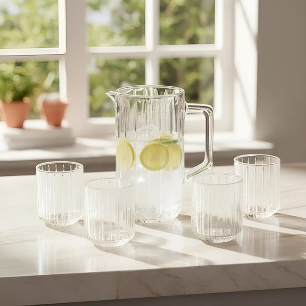 CONJUNTO JOGO 7 PECAS JARRA COM 6 COPOS DE CRISTAL BANGKOK 1,45L/300ML WOLFF PARA AGUA SUCO BEBIDAS DESIGN ELEGANTE TRANSPARENTE R.00106