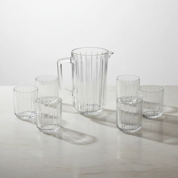 CONJUNTO JOGO 7 PECAS JARRA COM 6 COPOS DE CRISTAL BANGKOK 1,45L/300ML WOLFF PARA AGUA SUCO BEBIDAS DESIGN ELEGANTE TRANSPARENTE R.00106