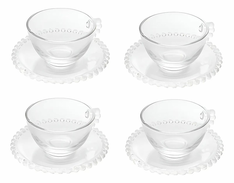 JOGO CONJUNTO 4 XICARAS CHA COM PIRES WOLFF CRISTAL 180ML 27900 TRANSPARENTE ELEGANTE PARA SERVIR CHA OU INFUSAO DECORACAO DE MESA REQUINTADA R.00984