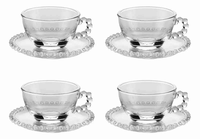 JOGO CONJUNTO 4 XICARAS CHA COM PIRES WOLFF CRISTAL 180ML 27900 TRANSPARENTE ELEGANTE PARA SERVIR CHA OU INFUSAO DECORACAO DE MESA REQUINTADA R.00984