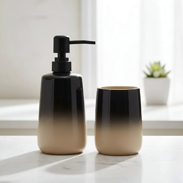 KIT CONJUNTO PARA BANHEIRO CERAMICA PRETO BEGE DEGRADE COM DISPENSER SABONETE LIQUIDO E COPO PORTA ESCOVA ORGANIZADOR DECORATIVO MODERNO ACABAMENTO DEGRADE TEXTURA LISA DESIGN SOFISTICADO R.01887