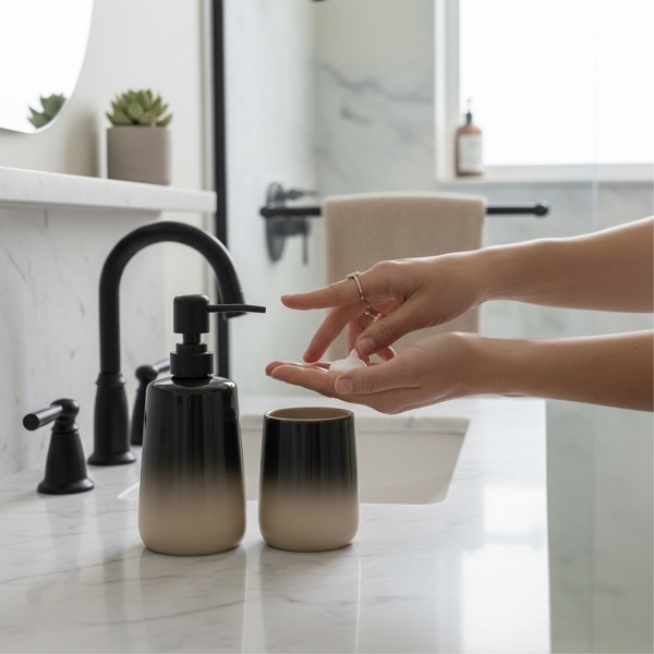 KIT CONJUNTO PARA BANHEIRO CERAMICA PRETO BEGE DEGRADE COM DISPENSER SABONETE LIQUIDO E COPO PORTA ESCOVA ORGANIZADOR DECORATIVO MODERNO ACABAMENTO DEGRADE TEXTURA LISA DESIGN SOFISTICADO R.01887