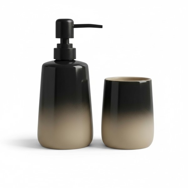 KIT CONJUNTO PARA BANHEIRO CERAMICA PRETO BEGE DEGRADE COM DISPENSER SABONETE LIQUIDO E COPO PORTA ESCOVA ORGANIZADOR DECORATIVO MODERNO ACABAMENTO DEGRADE TEXTURA LISA DESIGN SOFISTICADO R.01887