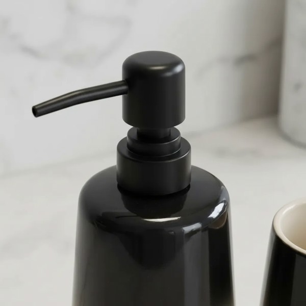 KIT CONJUNTO PARA BANHEIRO CERAMICA PRETO BEGE DEGRADE COM DISPENSER SABONETE LIQUIDO E COPO PORTA ESCOVA ORGANIZADOR DECORATIVO MODERNO ACABAMENTO DEGRADE TEXTURA LISA DESIGN SOFISTICADO R.01887