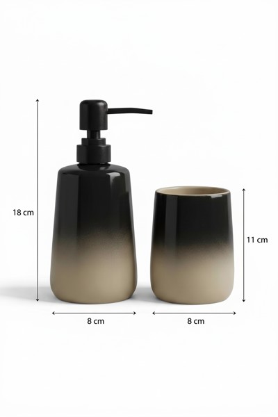KIT CONJUNTO PARA BANHEIRO CERAMICA PRETO BEGE DEGRADE COM DISPENSER SABONETE LIQUIDO E COPO PORTA ESCOVA ORGANIZADOR DECORATIVO MODERNO ACABAMENTO DEGRADE TEXTURA LISA DESIGN SOFISTICADO R.01887