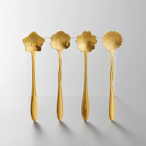 CONJUNTO JOGO COM 4 COLHERES ACO INOX PARA CHA FLORES DOURADO R.00936