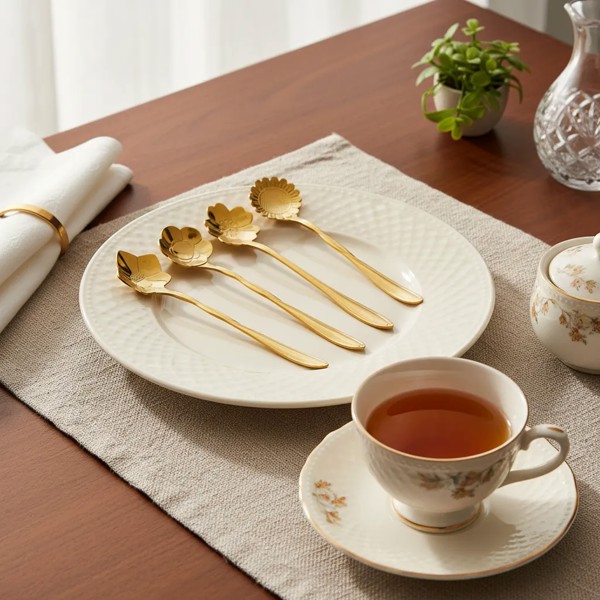 CONJUNTO JOGO COM 4 COLHERES ACO INOX PARA CHA FLORES DOURADO R.00936