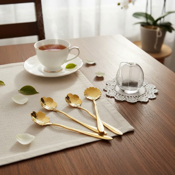 CONJUNTO JOGO COM 4 COLHERES ACO INOX PARA CHA FLORES DOURADO R.00936