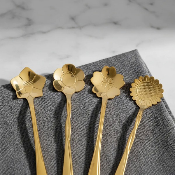 CONJUNTO JOGO COM 4 COLHERES ACO INOX PARA CHA FLORES DOURADO R.00936