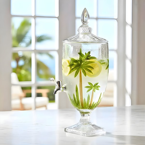 SUQUEIRA DE CRISTAL VIDRO COM PE E TAMPA TROPICAL PALMEIRA VERDE 4 LITROS DISPENSER DE BEBIDAS JARRA COM TORNEIRA REFRESQUEIRA VERDE