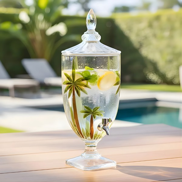 SUQUEIRA DE CRISTAL VIDRO COM PE E TAMPA TROPICAL PALMEIRA VERDE 4 LITROS DISPENSER DE BEBIDAS JARRA COM TORNEIRA REFRESQUEIRA VERDE
