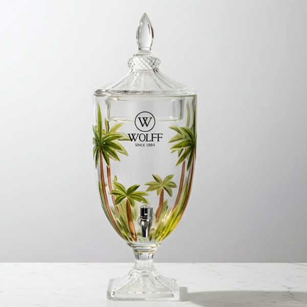 SUQUEIRA DE CRISTAL VIDRO COM PE E TAMPA TROPICAL PALMEIRA VERDE 4 LITROS DISPENSER DE BEBIDAS JARRA COM TORNEIRA REFRESQUEIRA VERDE