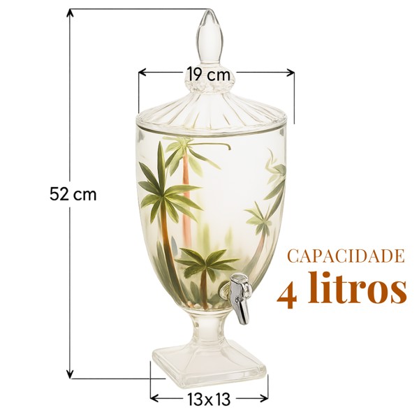 SUQUEIRA DE CRISTAL VIDRO COM PE E TAMPA TROPICAL PALMEIRA VERDE 4 LITROS DISPENSER DE BEBIDAS JARRA COM TORNEIRA REFRESQUEIRA VERDE