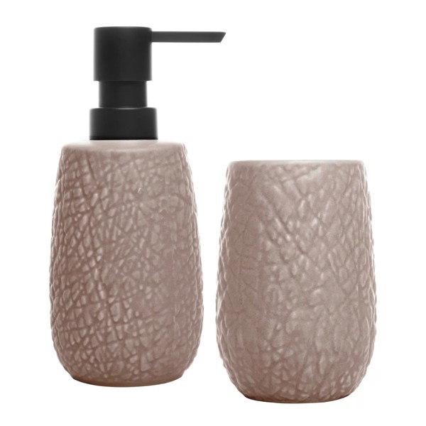 CONJUNTO JOGO KIT 2 PECAS PARA BANHEIRO DE CERAMICA STONE BEGE SABONETE LIQUIDO E POTE R.00394