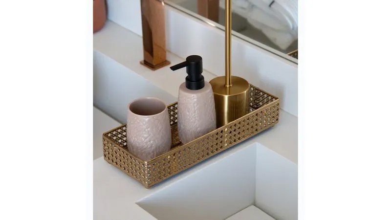 CONJUNTO JOGO KIT 2 PECAS PARA BANHEIRO DE CERAMICA STONE BEGE SABONETE LIQUIDO E POTE R.00394